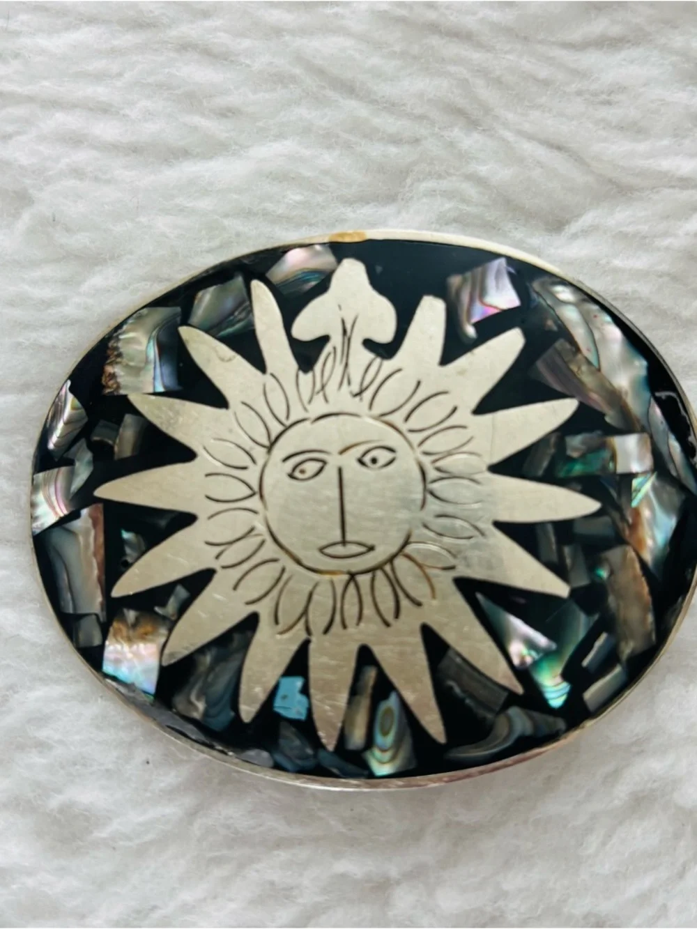 Alpaca Mexico Vintage Sun Face Abalone Inlay Belt Buckle - Black & Iridescent